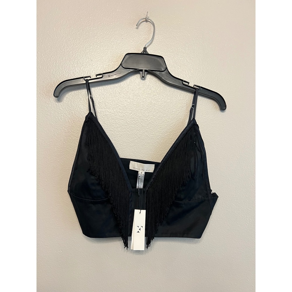 Fleur du Mal Black Fringe V-Neck Crop Top Size 10 NWT Party Flirty Cowgirl